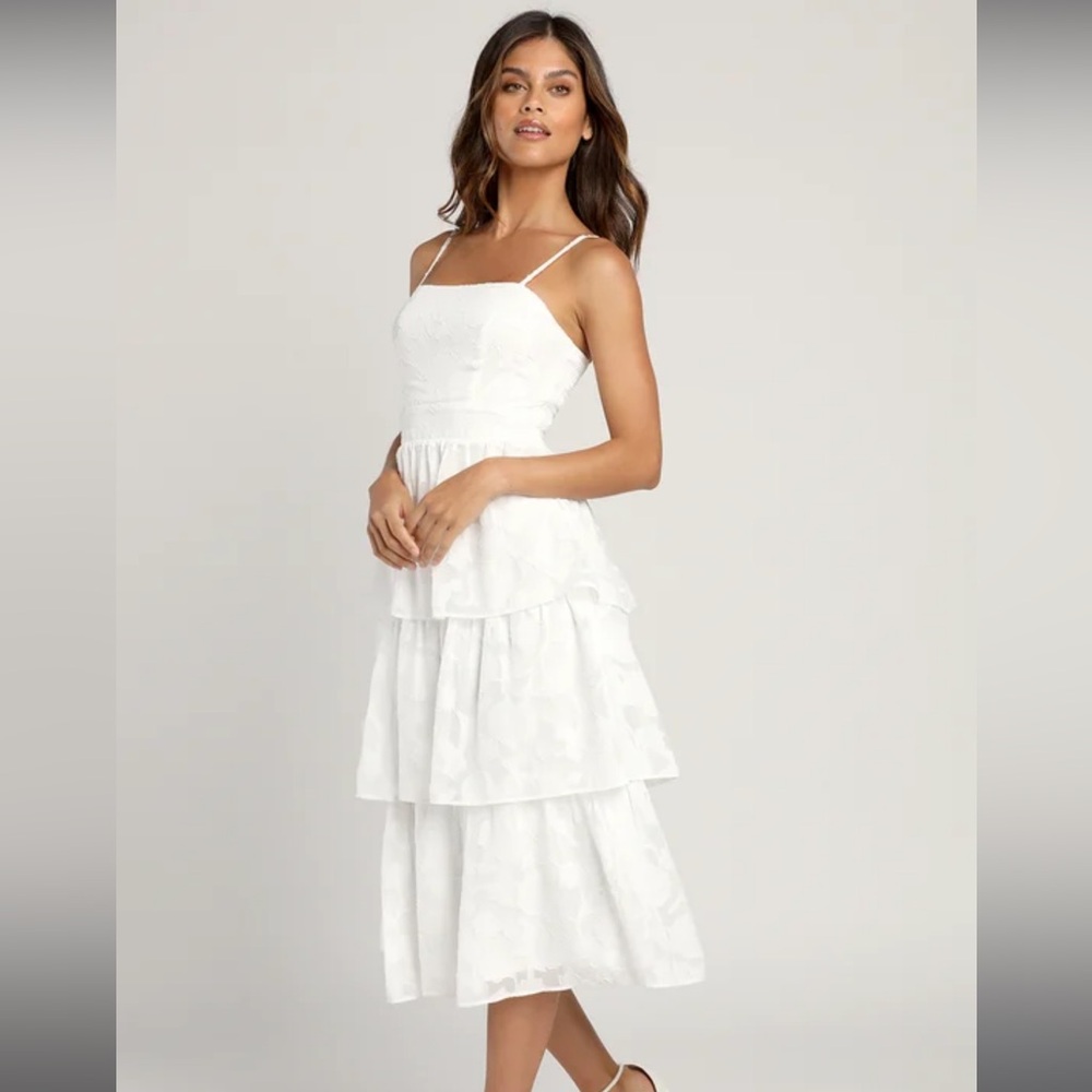 Lulus Grace and Beauty White Burnout Floral Print Tiered Midi Dress